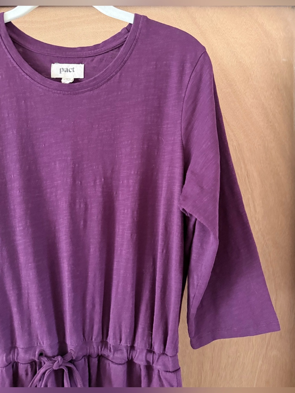 Pact Organic Tie Waist Dress Cotton Slub Purple Womens M Pockets 3/4 Sleeve Soft - Picture 4 of 12